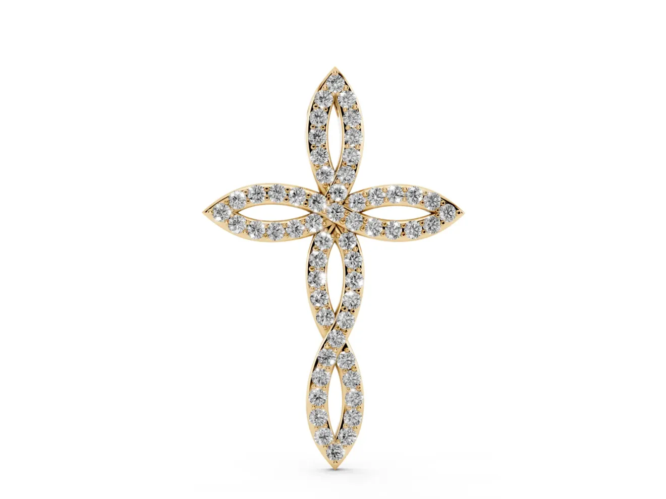 Round Lab-Grown Diamond Pavé Cross Pendant Necklace | Open Marquise Arms | Yellow Gold
