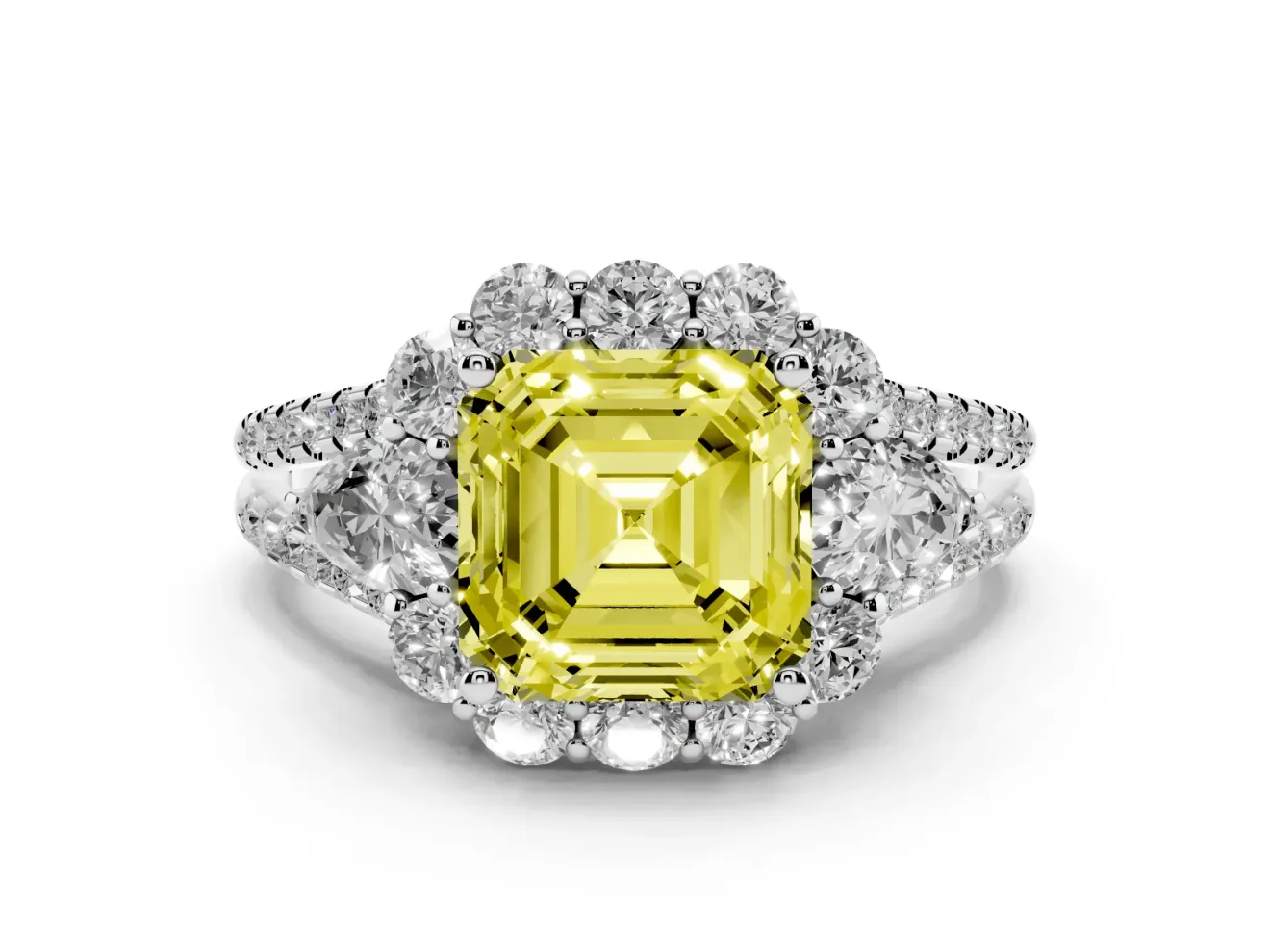 Fancy Yellow Asscher Cut Diamond Halo Split Shank Engagement Ring Set in Silver with Prong-Held Center Stone