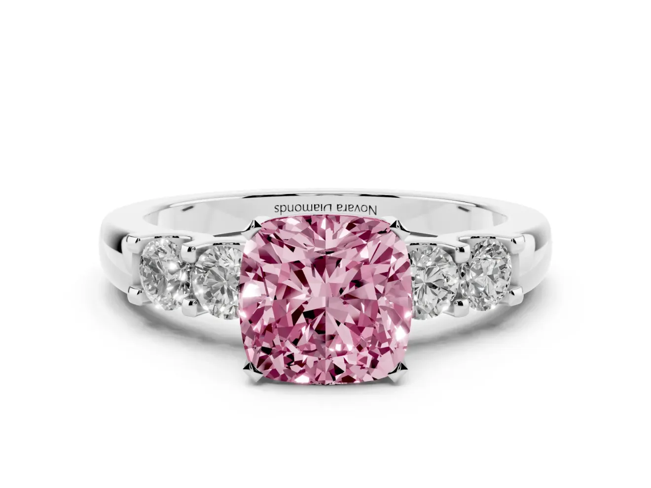 Fancy Pink Cushion Cut Diamond Five-Stone Prong Set Engagement Ring Set in White gold with Channel Band