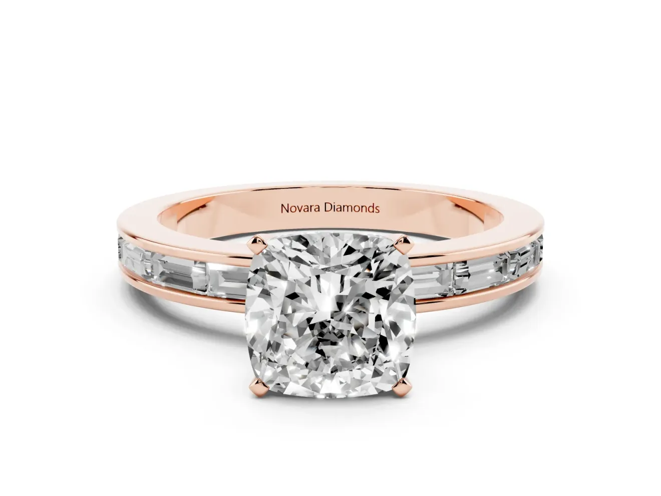 Cushion Cut Diamond Solitaire Ring Set in Rose gold with Channel-Set Baguette Band and Prong Setting