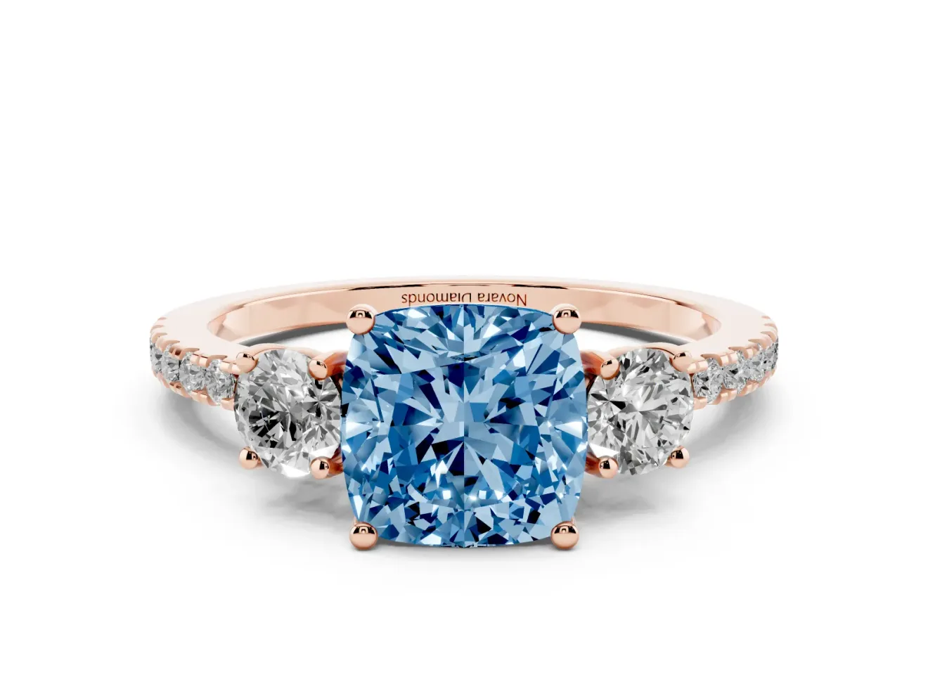 Cushion Cut Three Stone Engagement Ring Setting for a Fancy Blue Lab-Grown Diamond | Pave Shoulders | Rose Gold