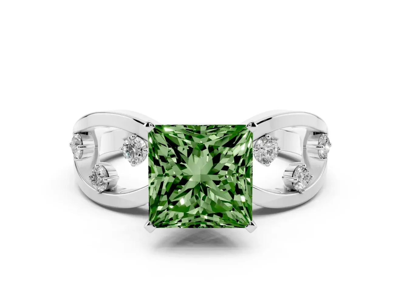 Fancy Green Princess Cut Diamond Solitaire Ring Set in Platinum with Side Stones on Criss-Cross Band and Prong Setting