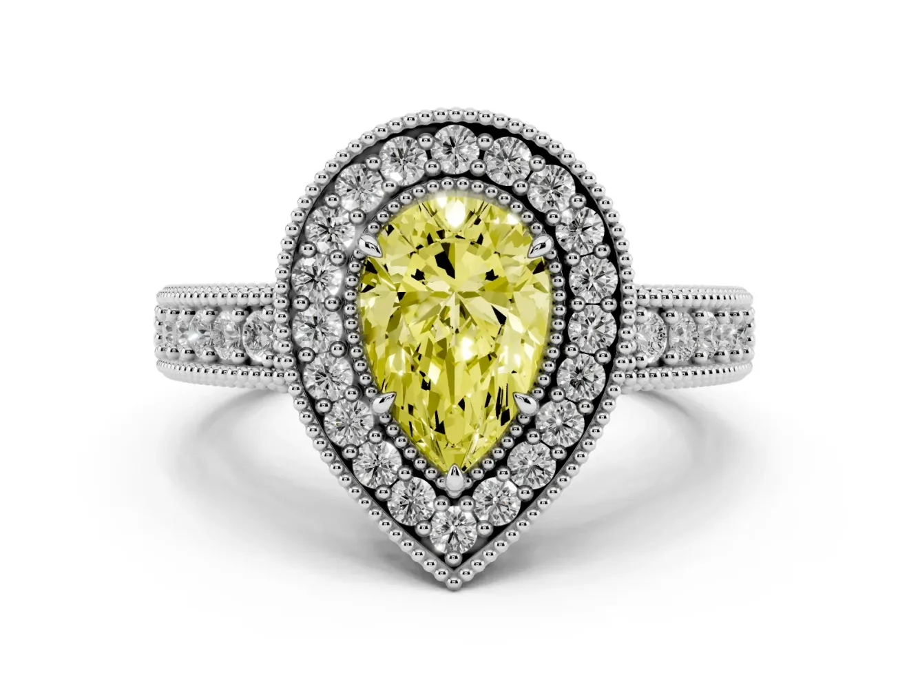 Fancy Yellow Pear Cut Diamond Halo Ring Set in Platinum with Round Accent Halo, Pavé Band and Prong Setting