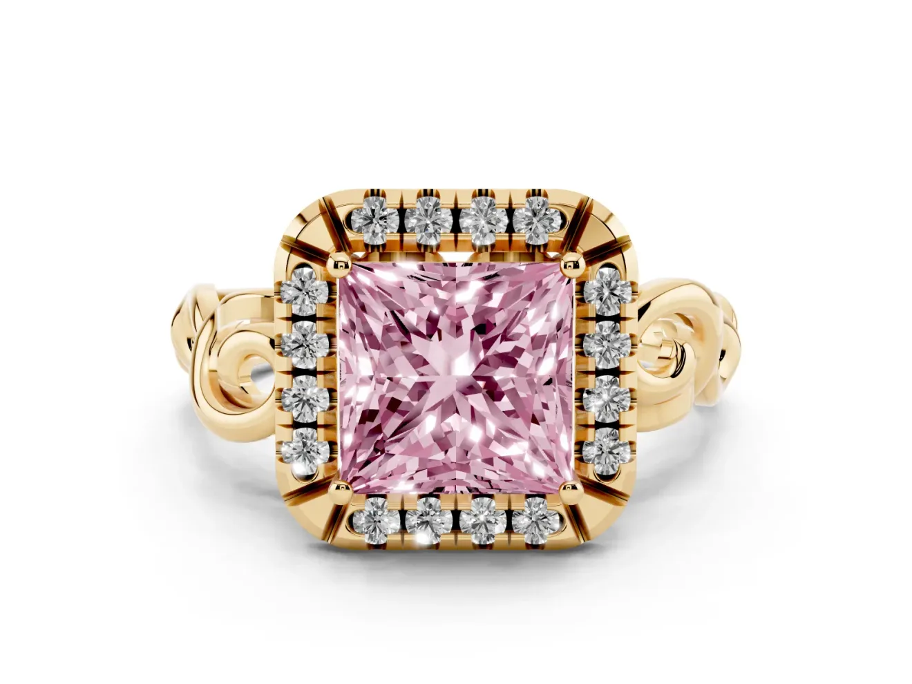 Fancy Pink Princess Cut Diamond Halo Ring Set in Yellow gold with Scrollwork Band and Prong Setting