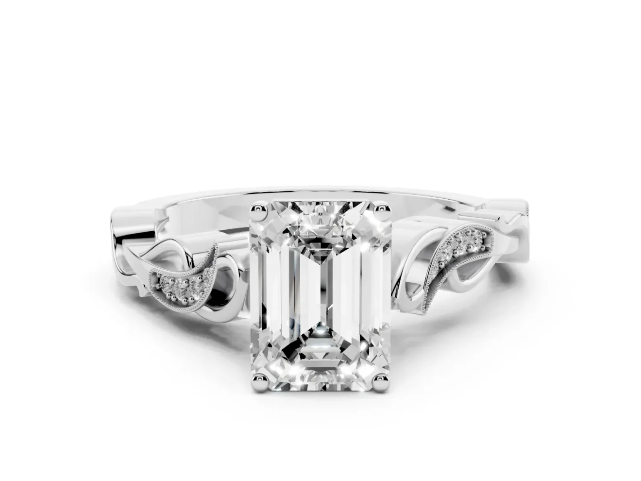 Emerald Cut Vintage Vine Solitaire Engagement Ring Setting | Milgrain Leaves | Sterling Silver