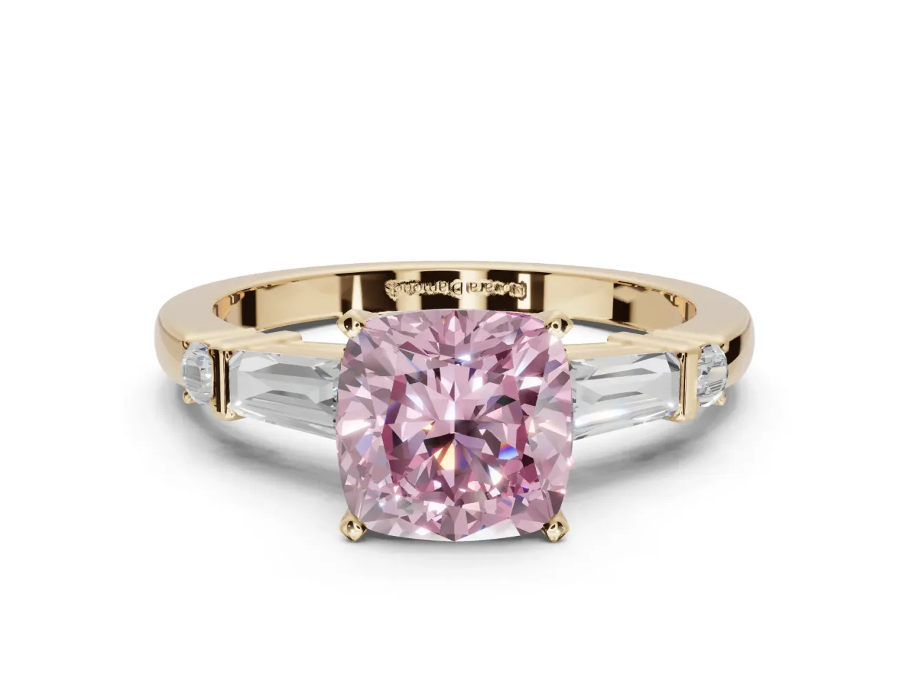 Cushion Cut Tapered Baguette Engagement Ring Setting for a Fancy Pink Lab-Grown Diamond | Bar Set Sides | Yellow Gold