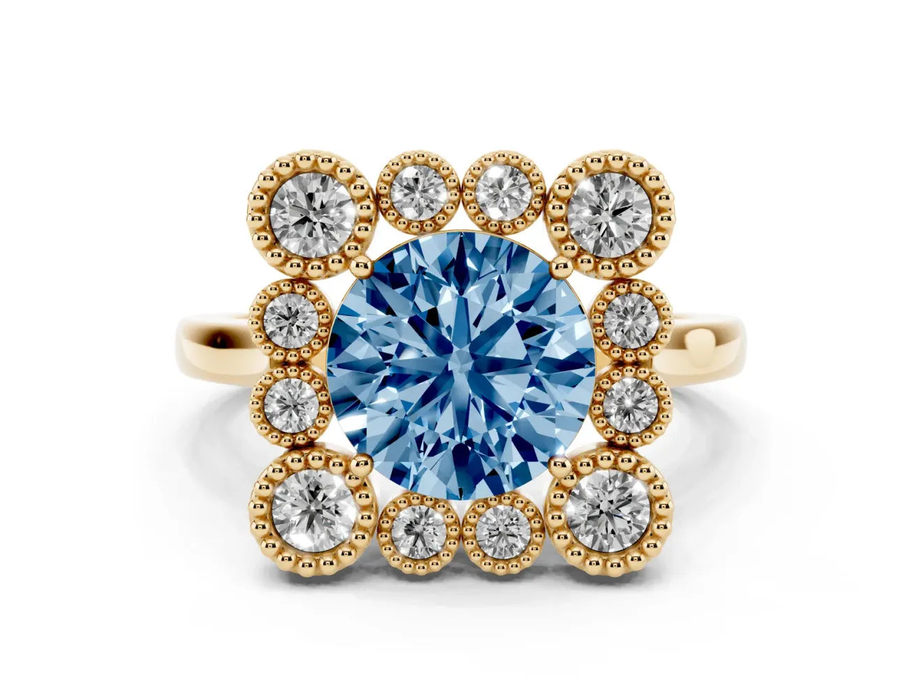 Round Milgrain Cluster Halo Engagement Ring Setting for a Fancy Blue Lab-Grown Diamond | Plain Band | Yellow Gold