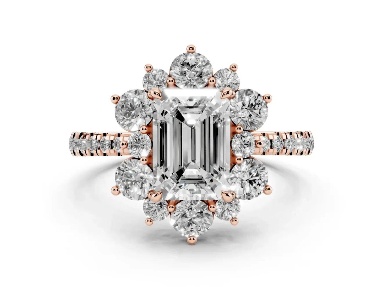 Emerald Cut Diamond Floral Halo Ring Set in Rose gold with Round Pavé Band and Prong Setting