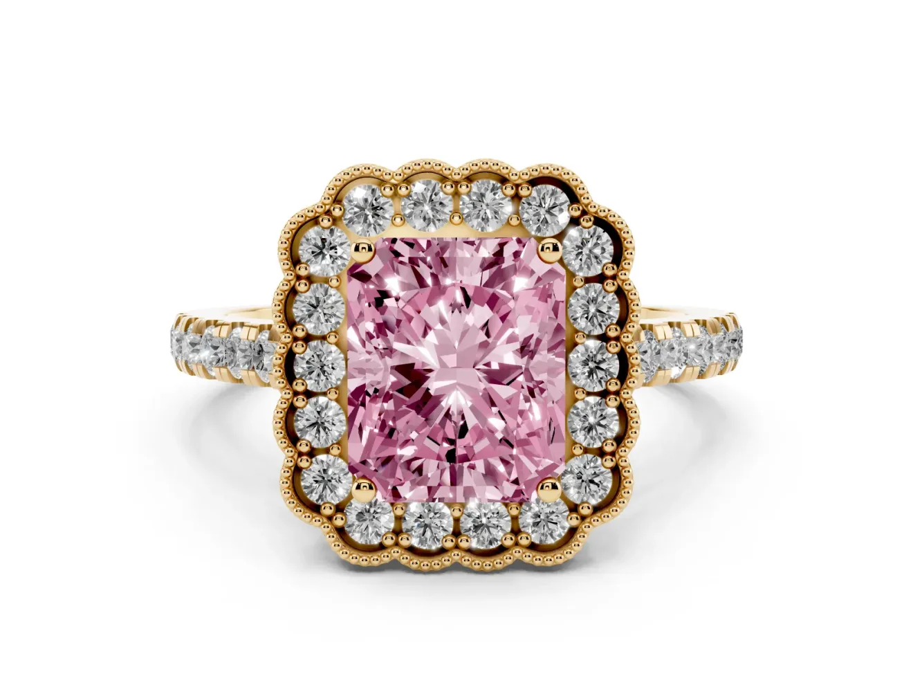 Fancy Pink Radiant Cut Diamond Milgrain Floral Halo Engagement Ring Set in Yellow gold with Pavé Band