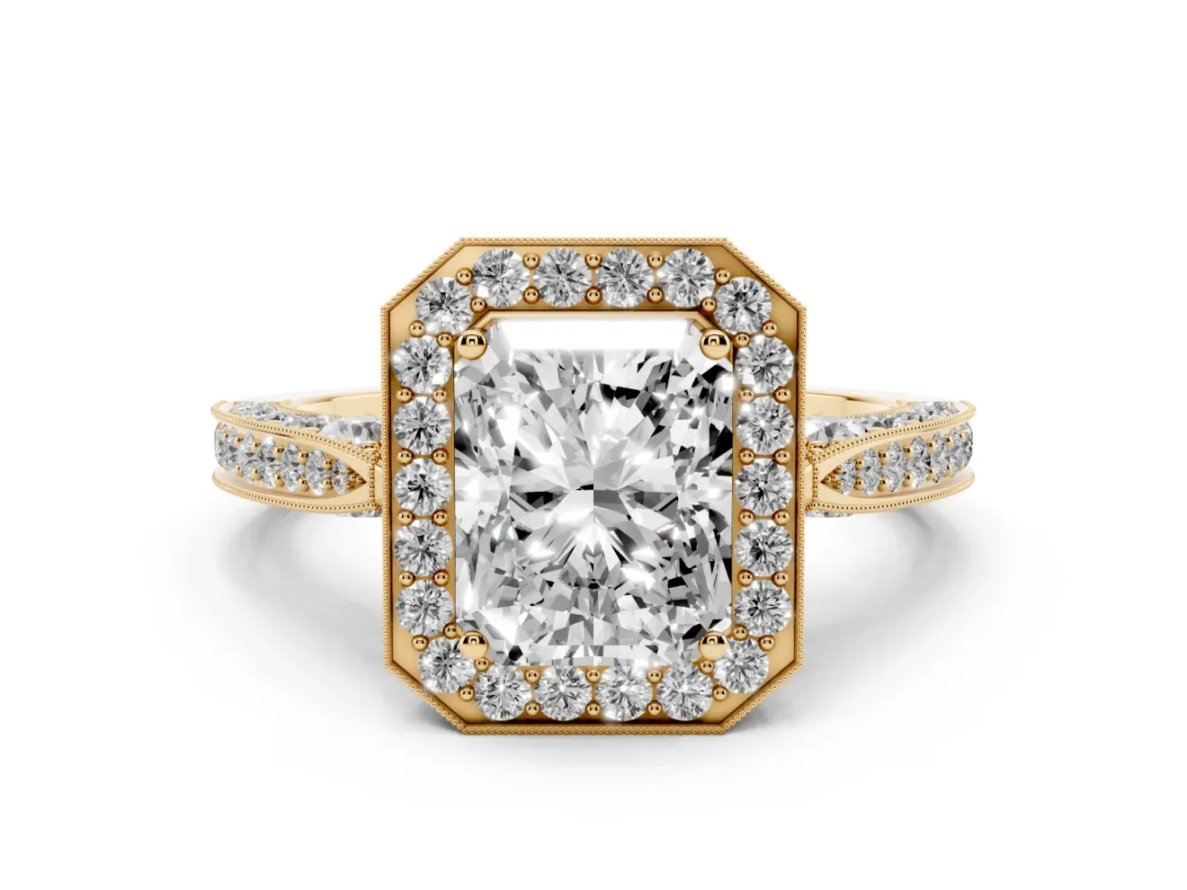 Radiant Cut Vintage Milgrain Halo Engagement Ring Setting | Side Stones and Pave | Yellow Gold