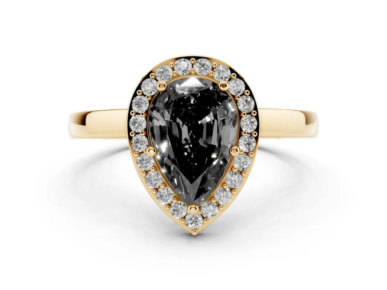Fancy Black Pear Cut Diamond Halo Ring Set in Yellow gold with Solitaire Band and Prong Setting