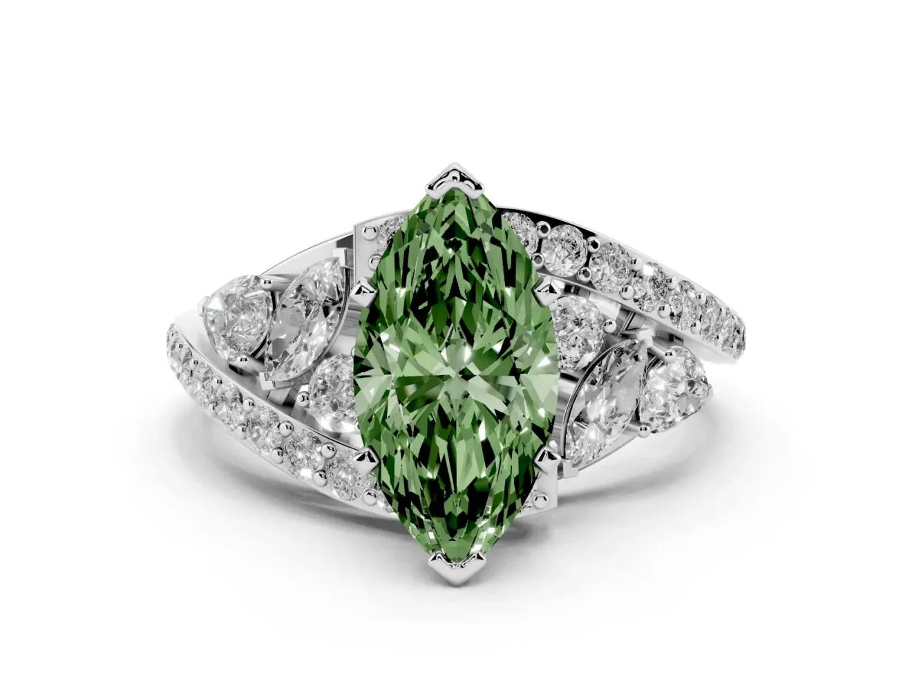 Fancy Green Marquise Cut Diamond Halo Ring Set in Platinum with Marquise and Pavé Band in Prong Setting