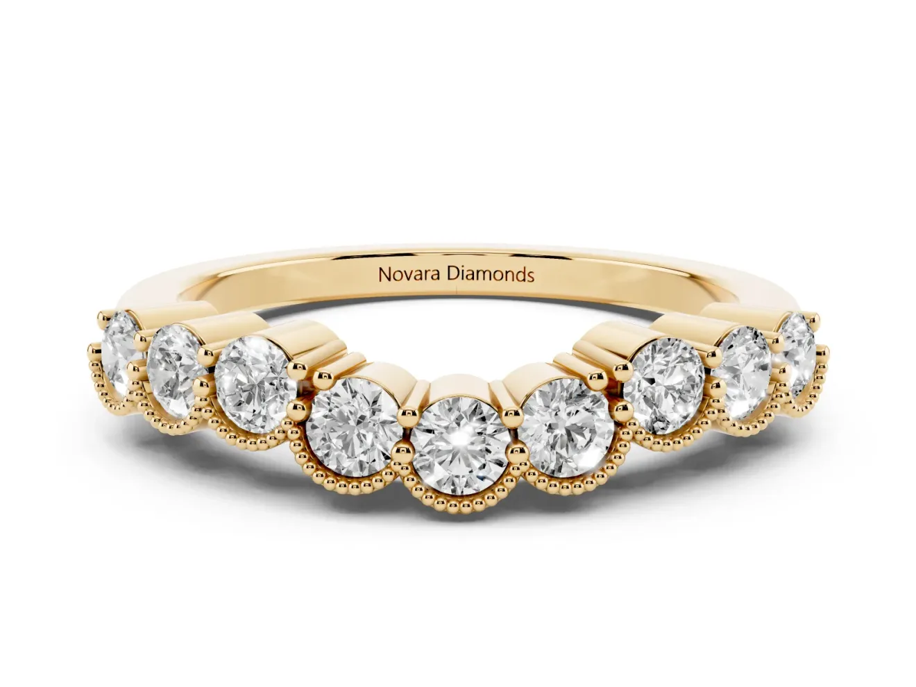 Round Lab-Grown Diamond Vintage Milgrain Half Eternity Band | Scalloped Cups | Yellow Gold