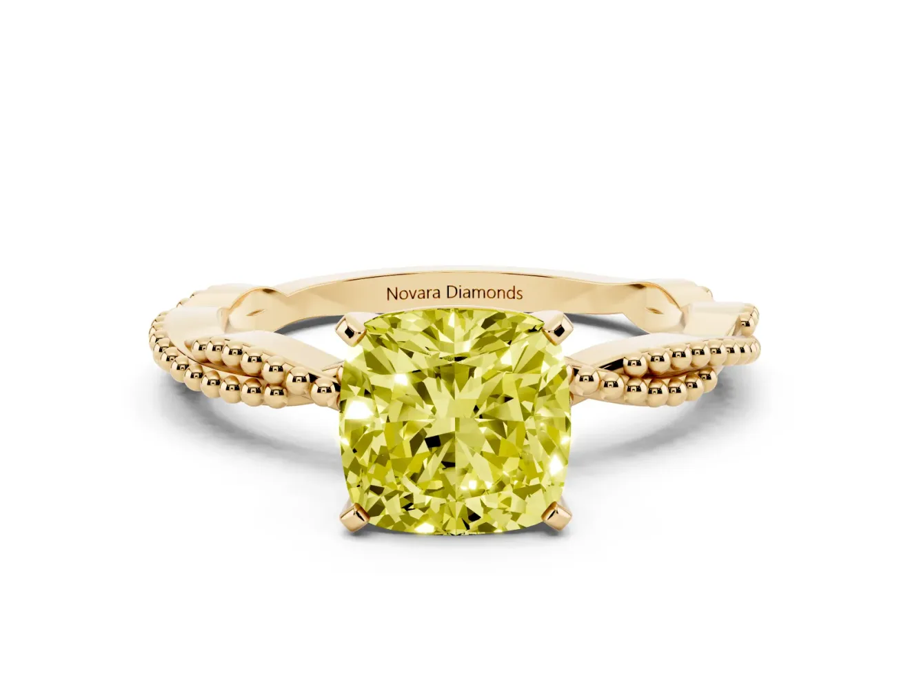 Fancy Yellow Cushion Cut Diamond Solitaire Ring Set in Yellow gold with Twisted Band and Bead Prong Setting