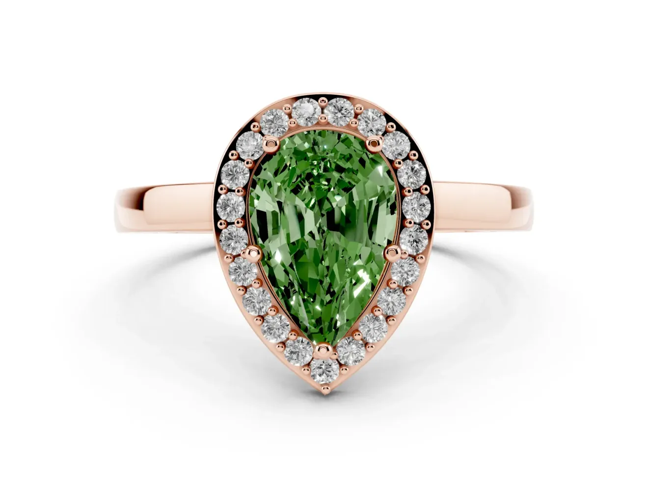 Fancy Green Pear Cut Diamond Halo Ring Set in Rose gold with Solitaire Band and Prong Setting