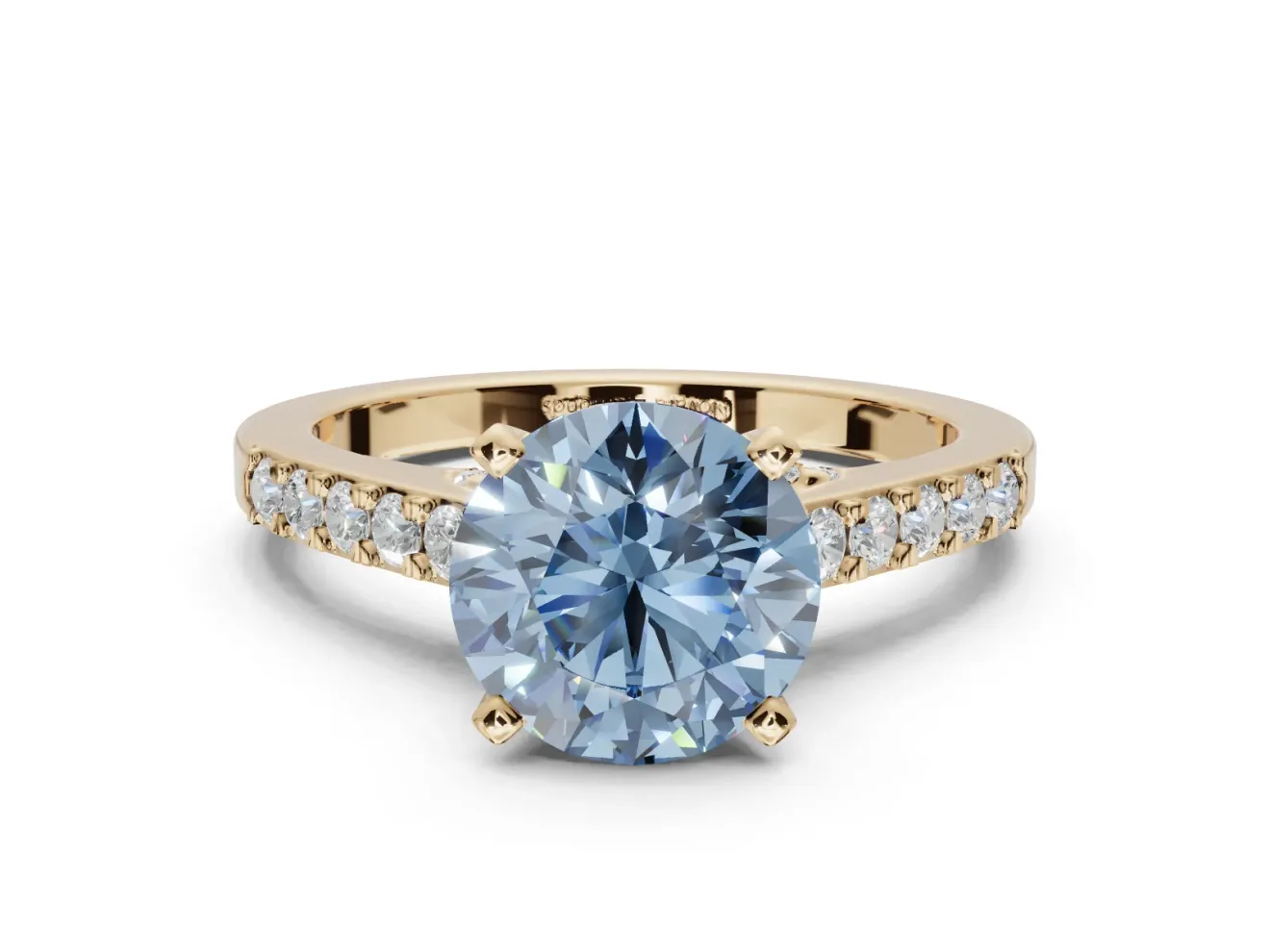 Round Pavé Solitaire Engagement Ring Setting for a Fancy Blue Lab-Grown Diamond | Crossover Gallery | Yellow Gold