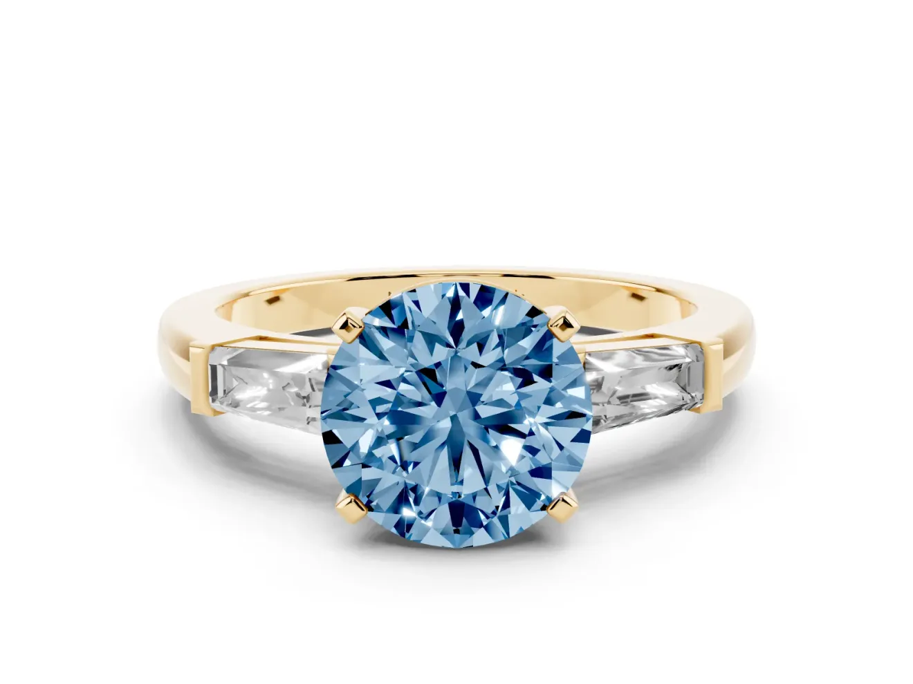Round Three Stone Engagement Ring Setting for a Fancy Blue Lab-Grown Diamond | Tapered Baguettes | Yellow Gold