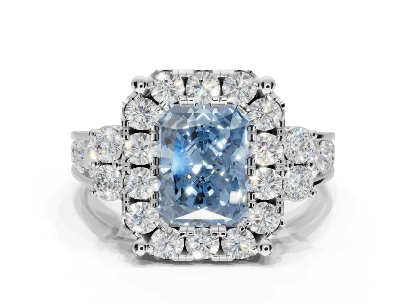 Radiant Cut Halo Engagement Ring Setting for a Fancy Blue Lab-Grown Diamond | Graduated Channel Band | Platinum
