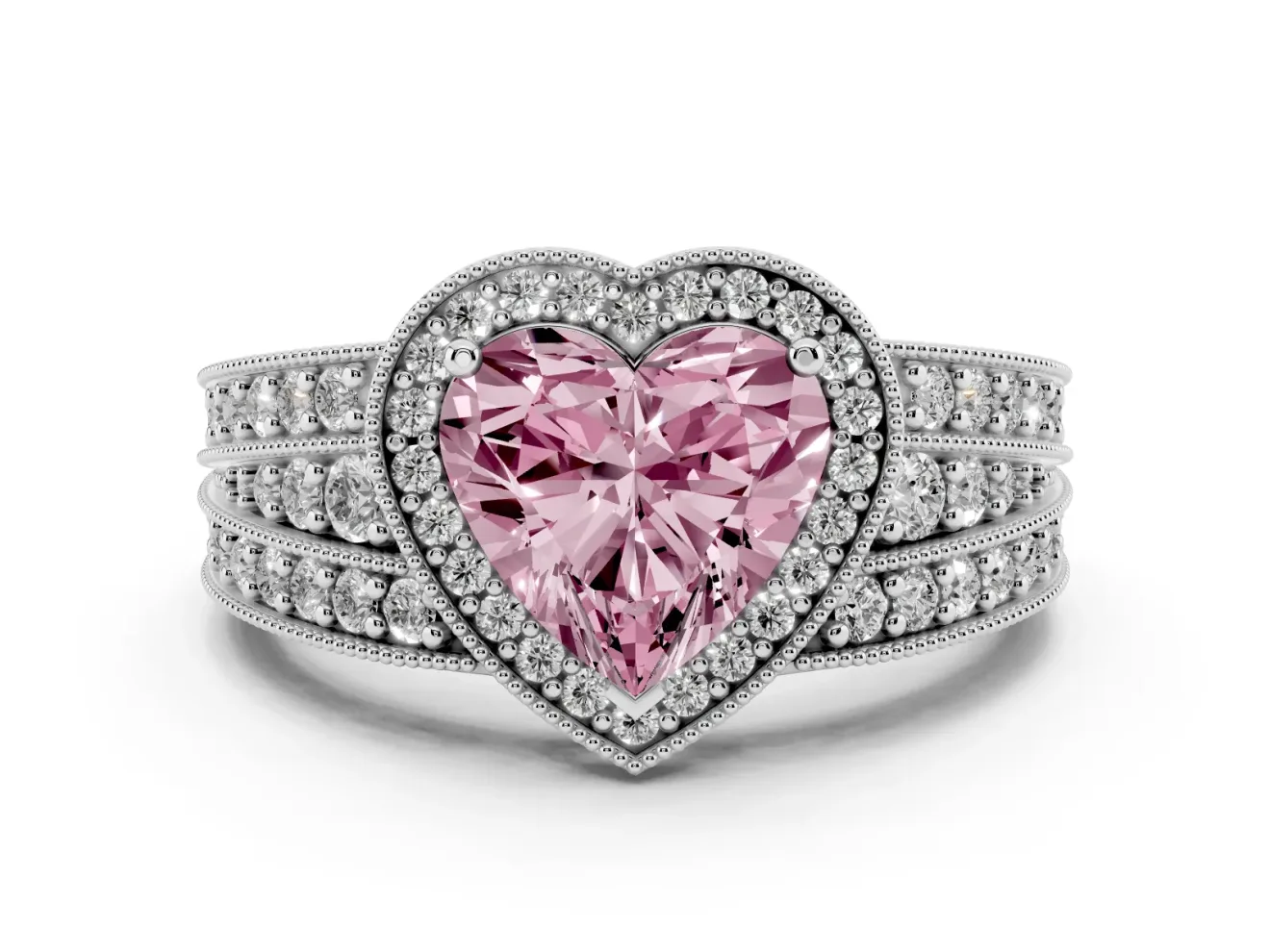 Fancy Pink Heart Cut Diamond Halo Ring Set in Platinum with Accent Split Shank and Prong Setting