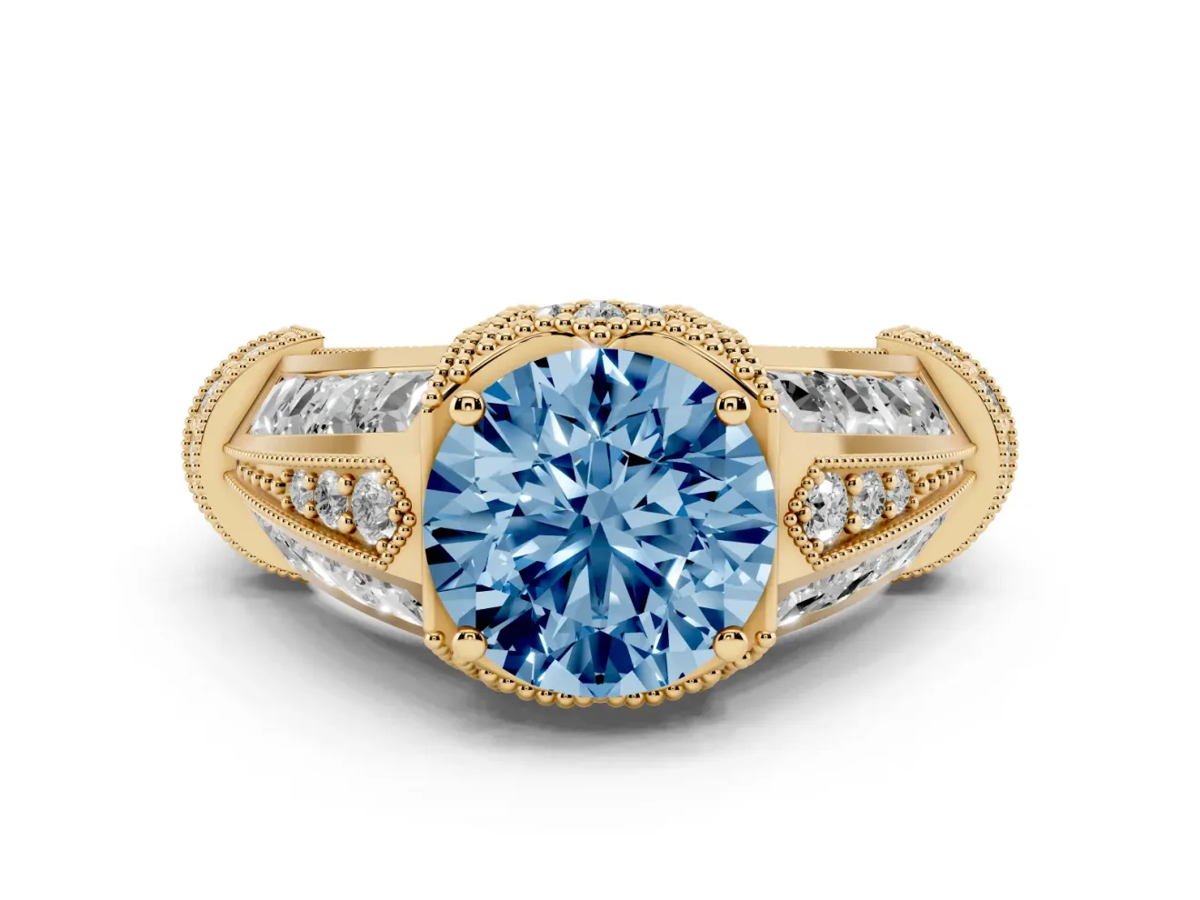 Fancy Blue Round Cut Diamond Vintage-Inspired Milgrain Ring Set in Yellow gold with Accent Split Shank