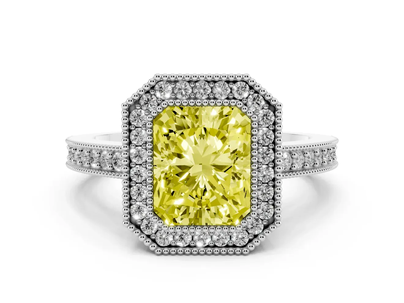 Fancy Yellow Radiant Cut Diamond Halo Engagement Ring Set in Silver with Pavé Band and Round Halo Stones