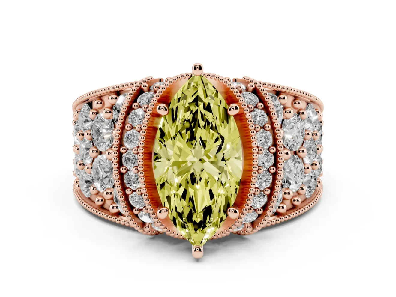 Marquise Vintage Pave Engagement Ring Setting for a Fancy Yellow Lab-Grown Diamond | Milgrain Edges | Rose Gold