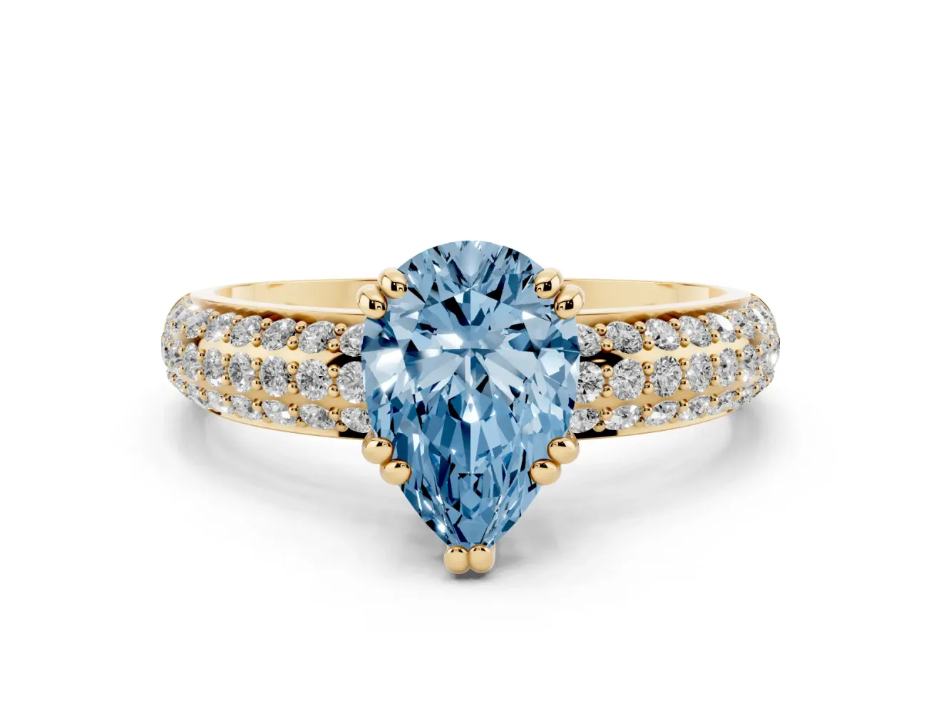 Pear-Shaped Three Row Pave Engagement Ring Setting for a Fancy Blue Lab-Grown Diamond | Yellow Gold