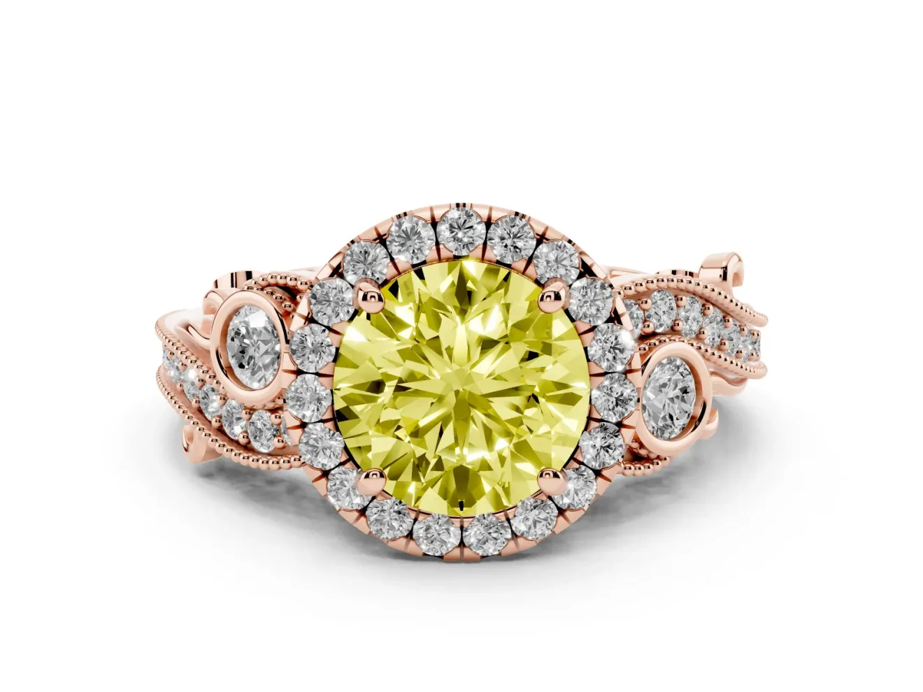 Fancy Yellow Round Cut Diamond Halo Ring Set in Rose gold with Milgrain Pavé Band and Prong Setting