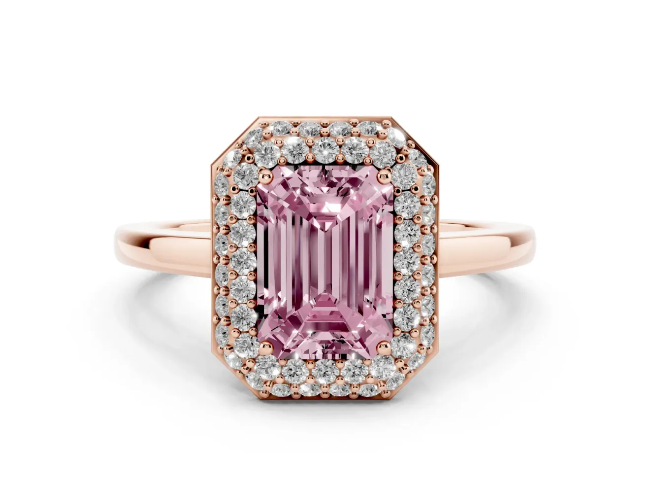 Fancy Pink Emerald Cut Diamond Halo Engagement Ring Set in Rose gold with Solitaire Band and Prong Setting