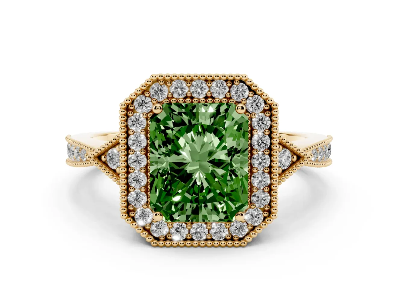 Fancy Green Radiant Cut Diamond Halo Engagement Ring Set in Yellow gold with Milgrain Pavé Band