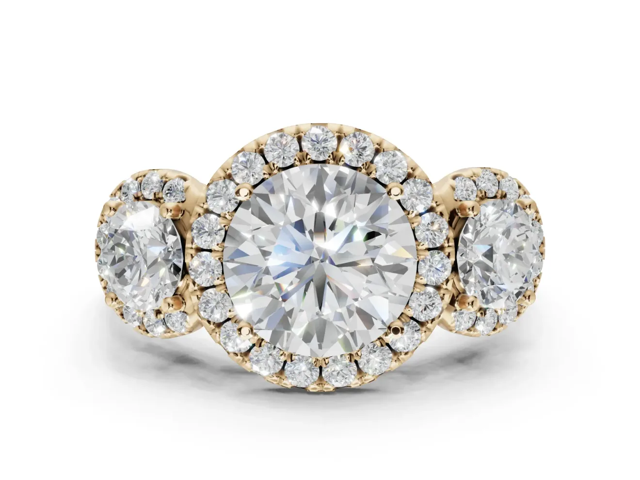Round Three Stone Halo Engagement Ring Setting | Haloed Side Stones | Yellow Gold