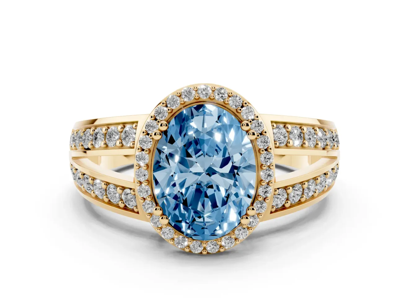 Fancy Blue Oval Cut Diamond Halo Ring Set in Yellow gold with Double Pavé Split Shank
