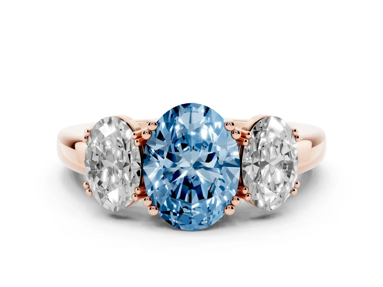 Fancy Blue Oval Cut Diamond Three-Stone Ring Set in Rose gold with Polished Band and Prong Setting