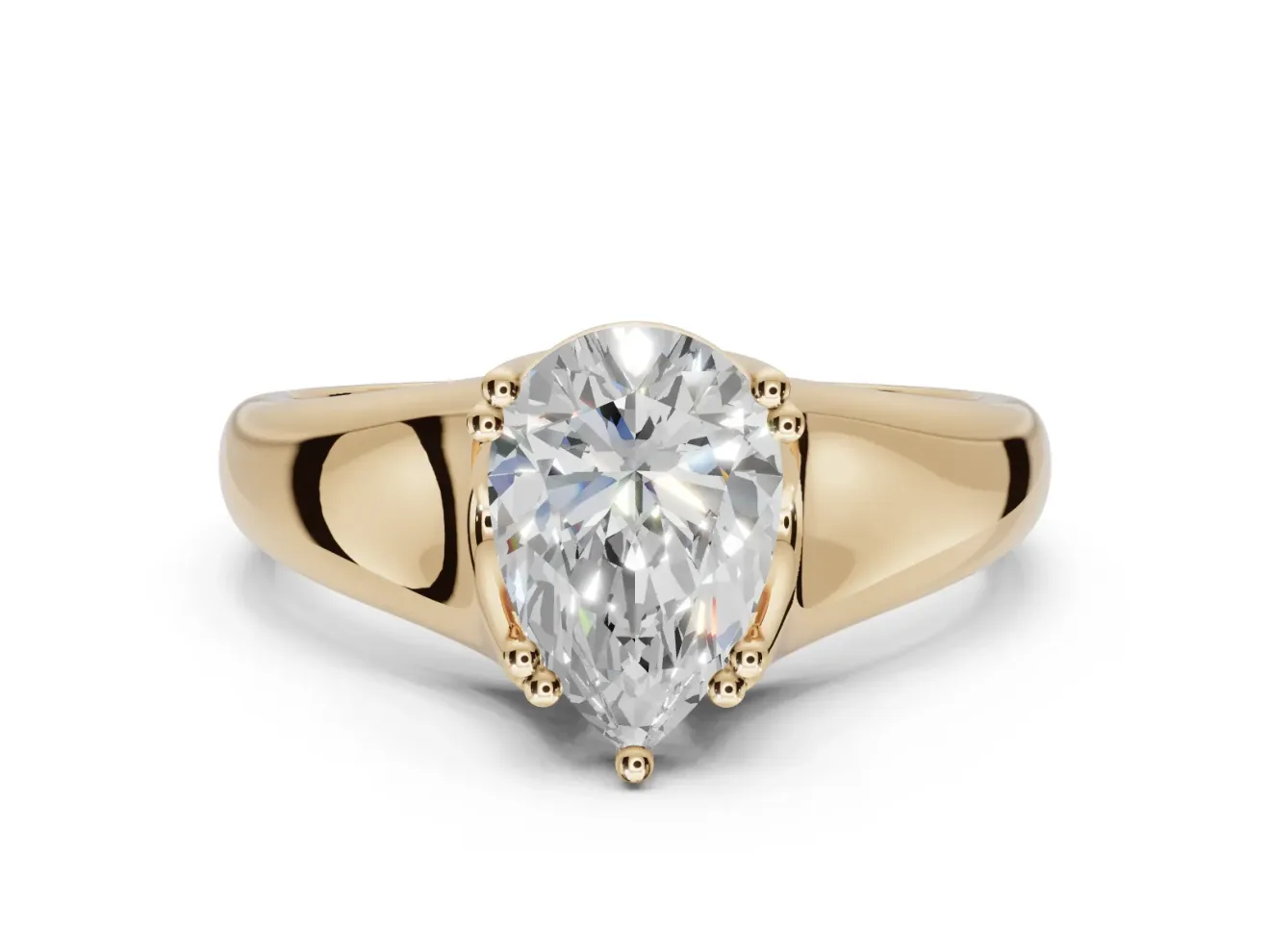 Pear-Shaped Double Claw Solitaire Engagement Ring Setting | Wide Plain Band | Yellow Gold