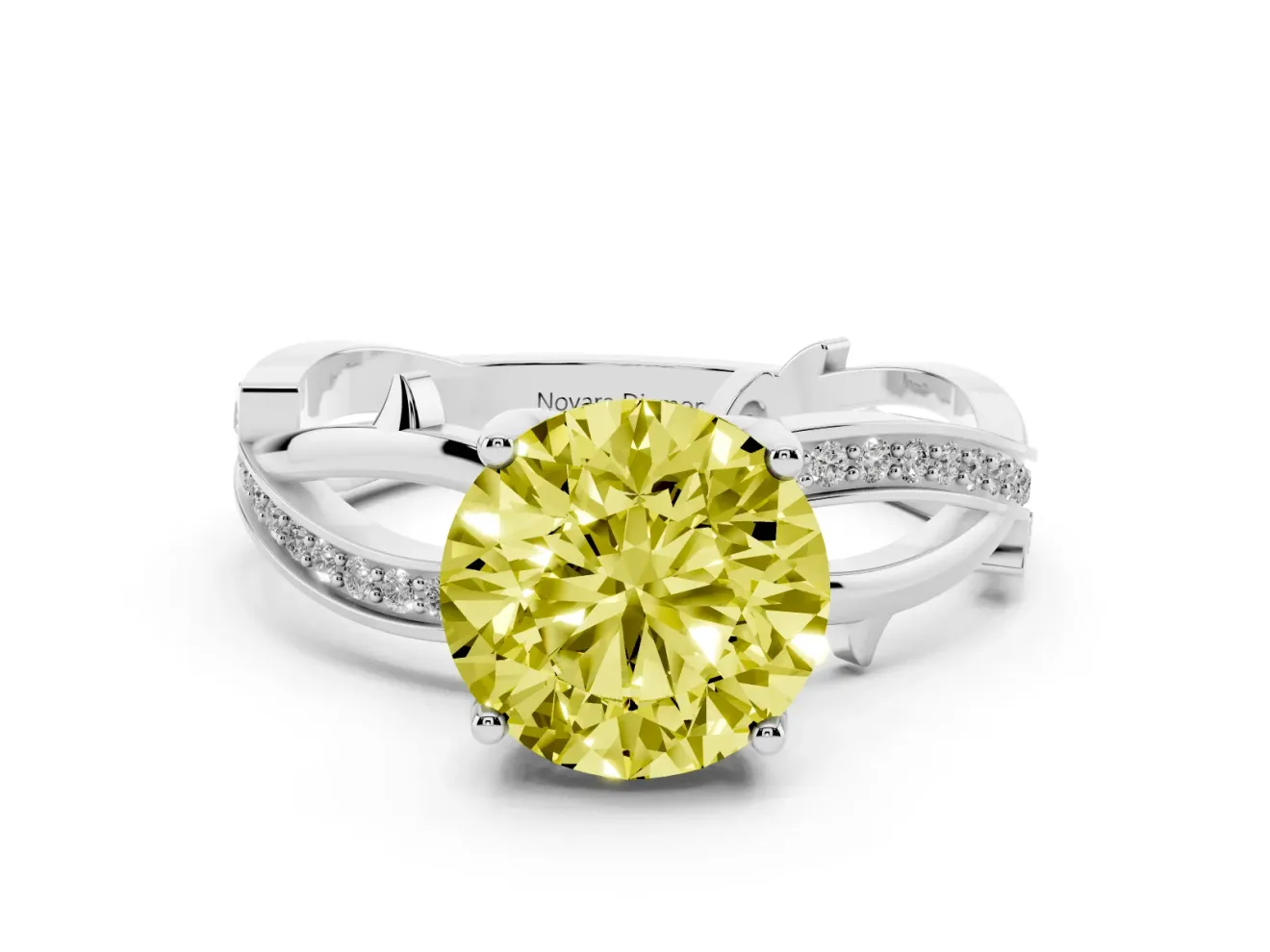 Fancy Yellow Round Cut Diamond Pavé Twist Band Solitaire Ring Set in White gold with Prong Setting