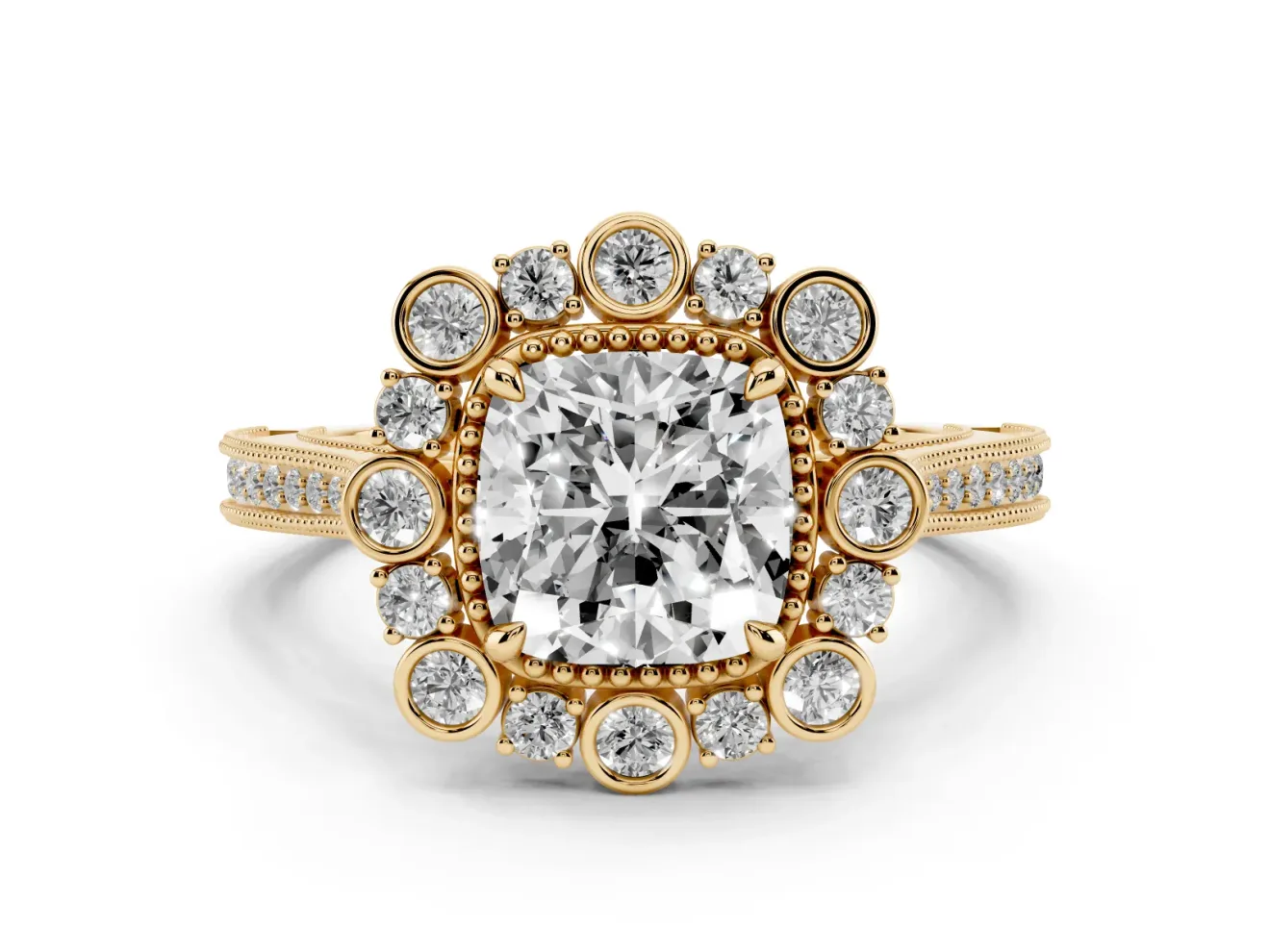 Cushion Cut Diamond Halo Milgrain Pavé Ring Set in Yellow gold with Prong Setting