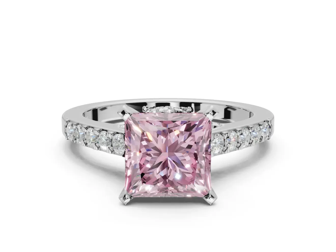 Princess Cut Pavé Engagement Ring Setting for a Fancy Pink Lab-Grown Diamond | Crossover Gallery | Sterling Silver