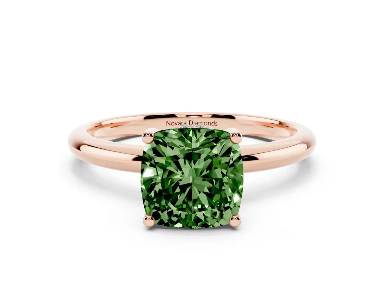 Fancy Green Cushion Cut Diamond Solitaire Engagement Ring Set in Rose gold with Prong Setting and Polished Band