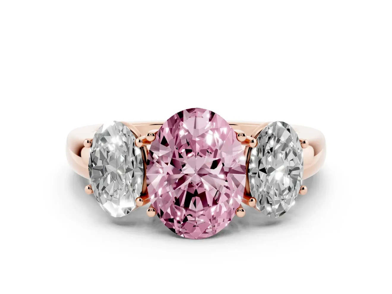 Fancy Pink Oval Cut Diamond Three-Stone Ring Set in Rose gold with Bold Center and Classic Band