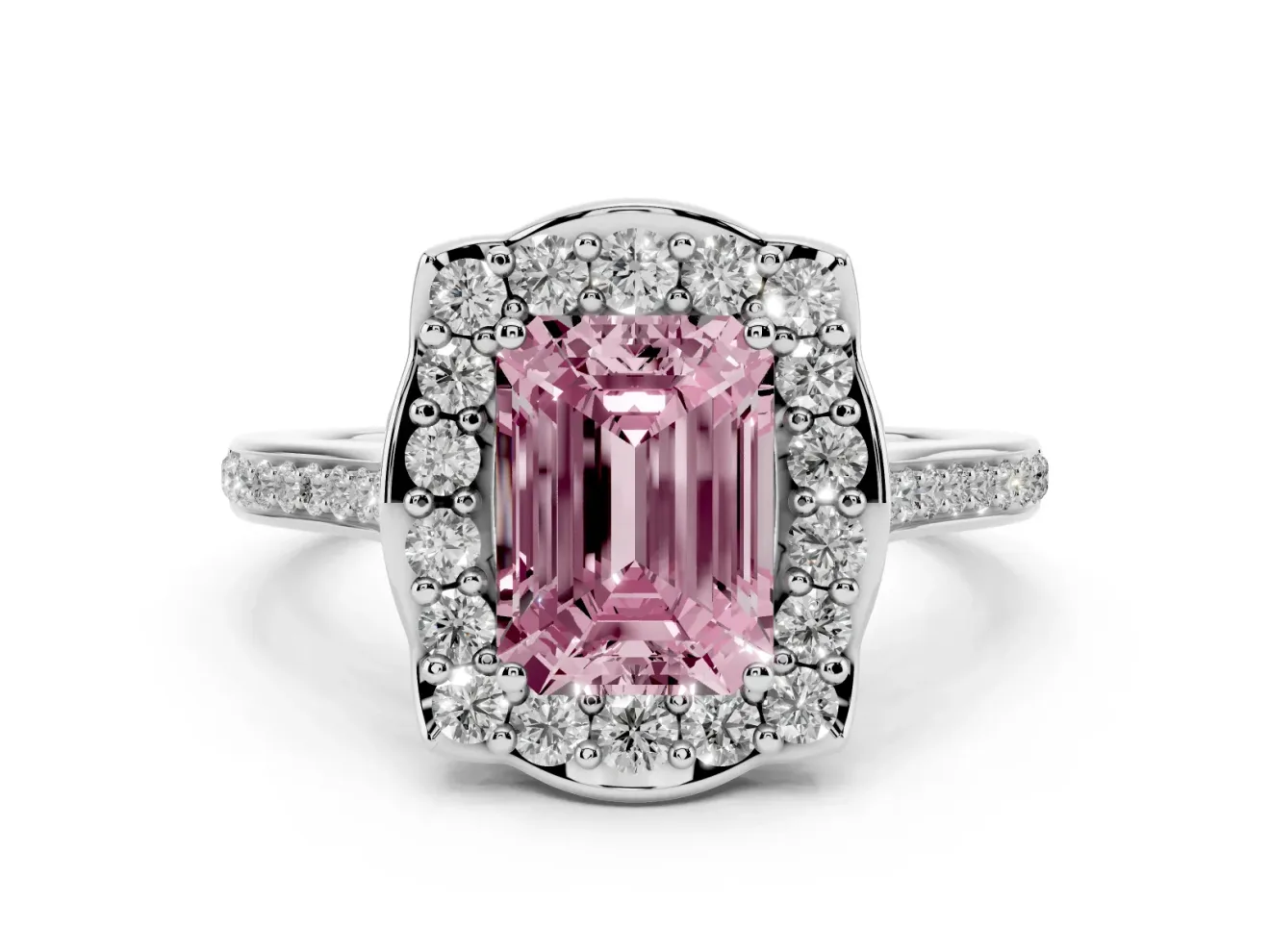 Emerald Cut Halo Engagement Ring Setting for a Fancy Pink Lab-Grown Diamond | Petal Tips | Platinum