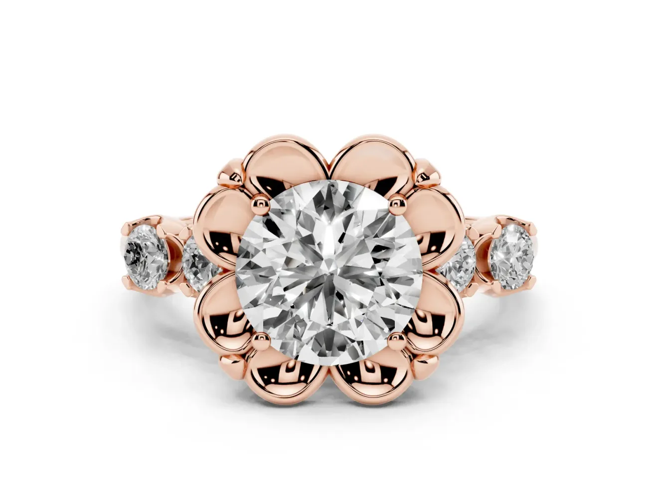 Round Floral Engagement Ring Setting | Petal Frame and Side Stones | Rose Gold