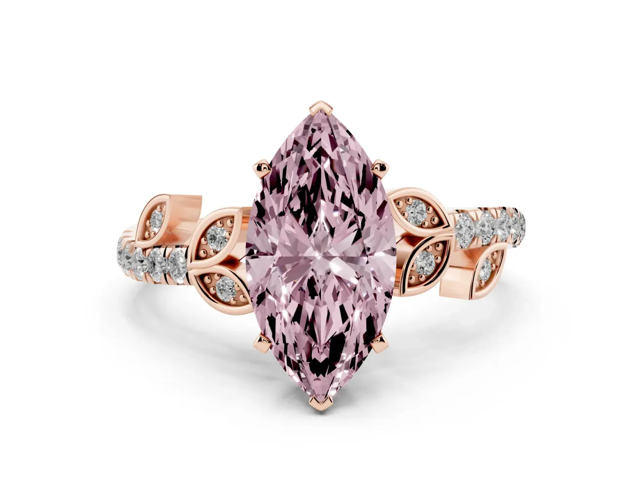Fancy Pink Marquise Cut Diamond Solitaire Leaf-Inspired Ring Set in Rose gold with Pavé Band and Prong Setting