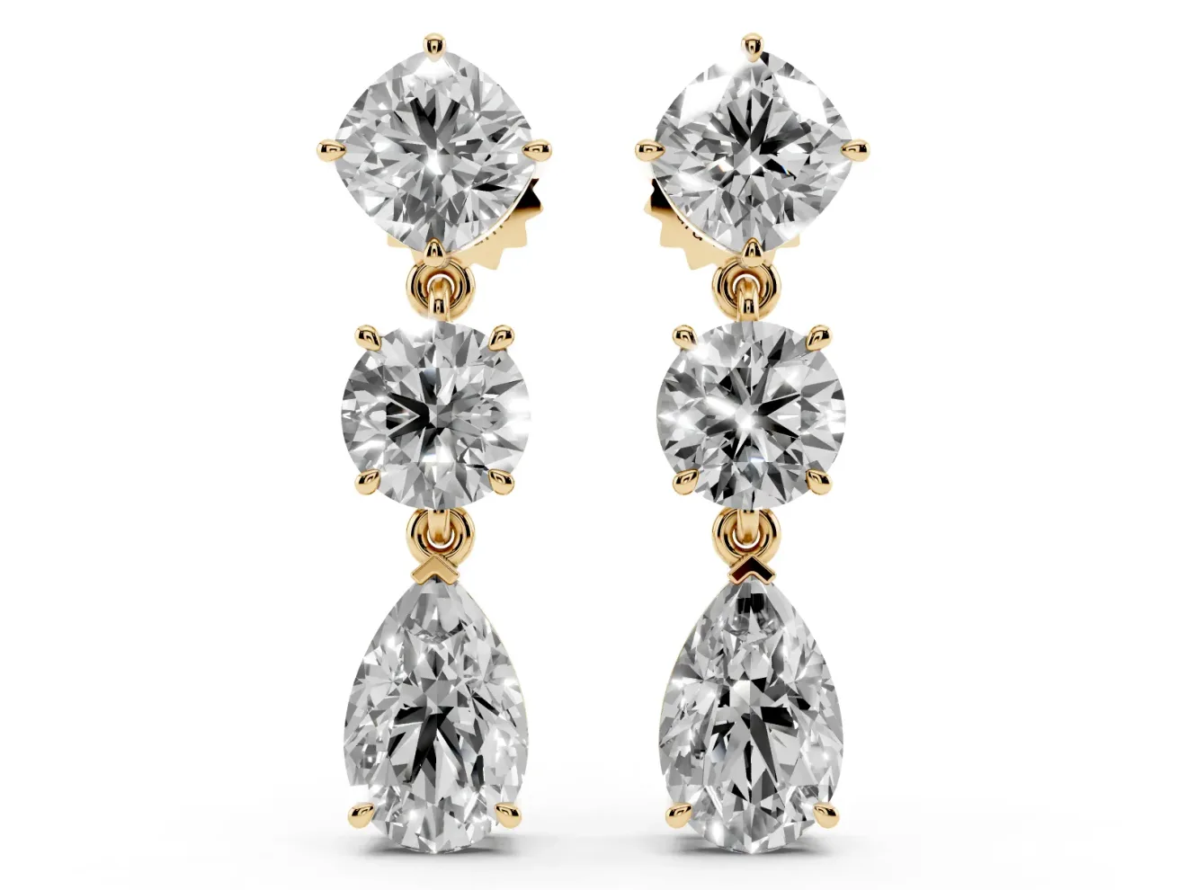 Multi-Shape Lab-Grown Diamond Three Stone Drop Earrings | Cushion Round and Pear | Yellow Gold