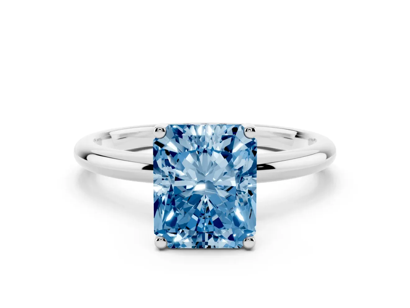 Fancy Blue Radiant Cut Diamond Solitaire Engagement Ring Set in Silver with Prong Setting and Polished Band