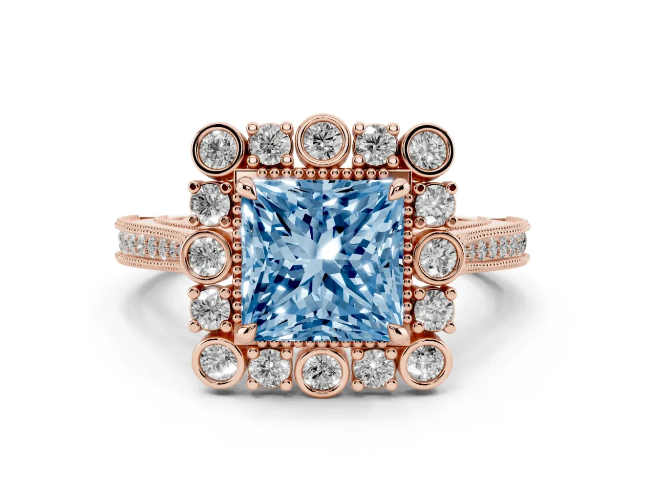 Fancy Blue Princess Cut Diamond Halo Milgrain Pavé Ring Set in Rose gold with Prong Setting