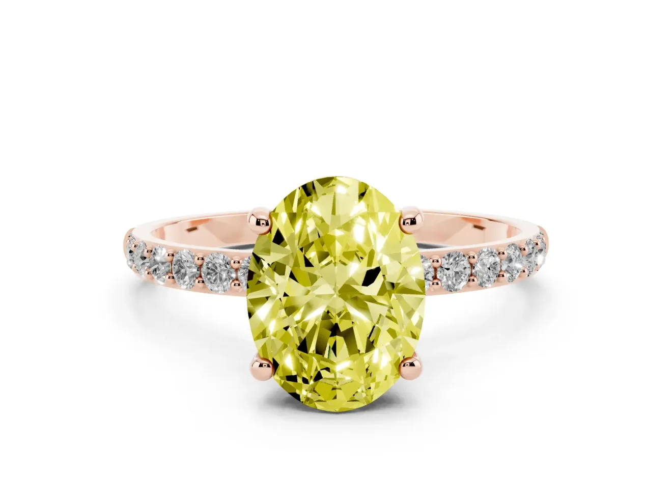 Fancy Yellow Oval Cut Diamond Solitaire Ring Set in Rose gold with Round Pavé Band and Prong Setting