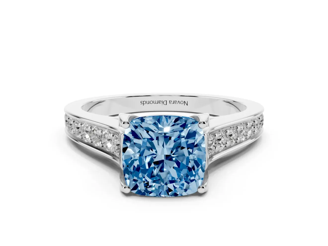Fancy Blue Cushion Cut Diamond Solitaire Pavé Engagement Ring Set in Silver with Prong Setting