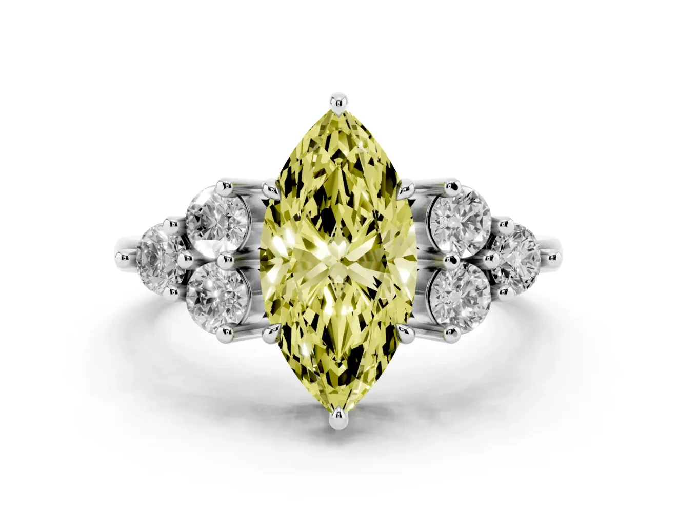 Marquise Cluster Side Stone Engagement Ring Setting for a Fancy Yellow Lab-Grown Diamond | Plain Band | Sterling Silver