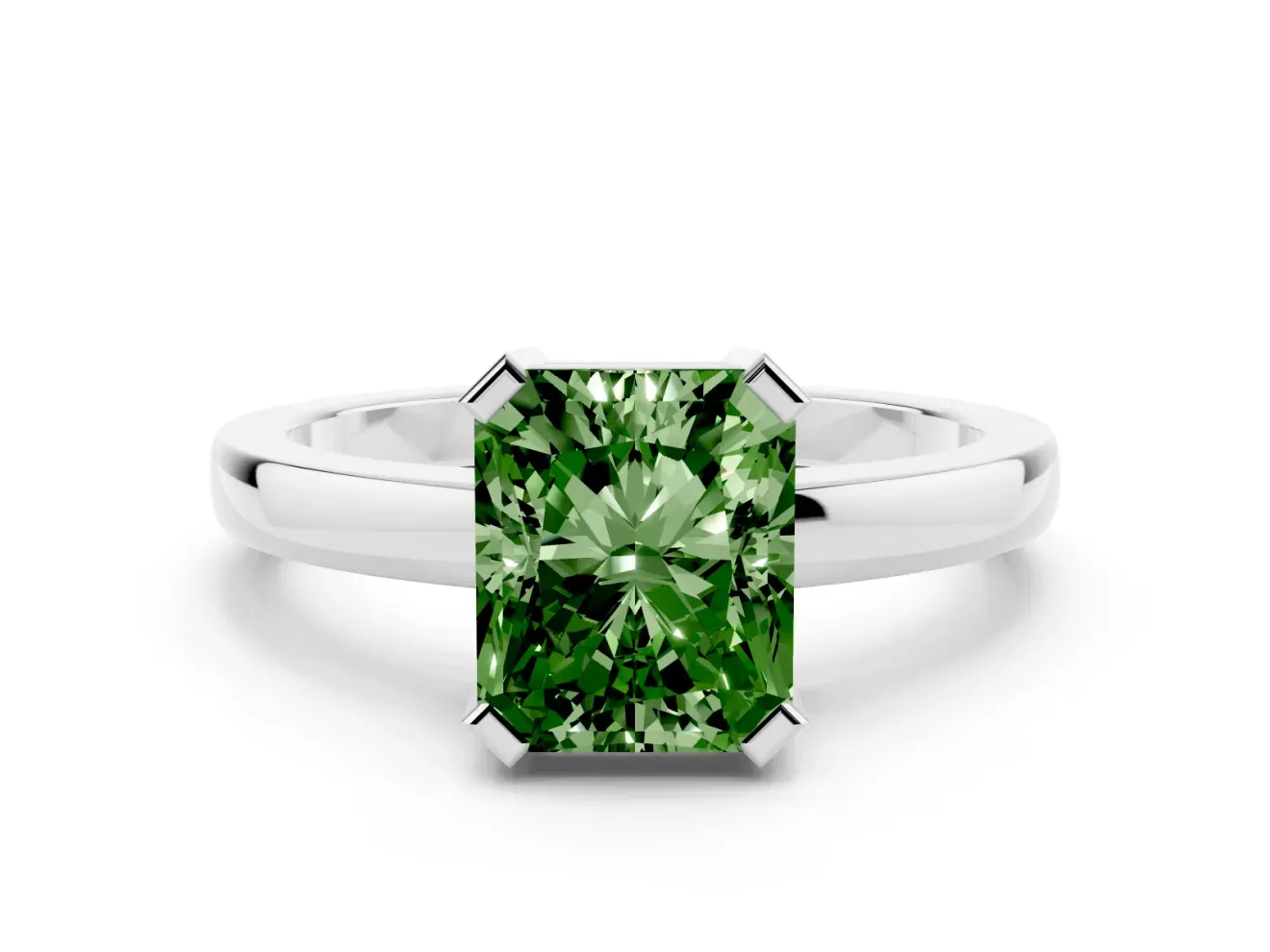 Fancy Green Radiant Cut Diamond Solitaire Ring Set in White gold with Prong Head and Smooth Polished Band