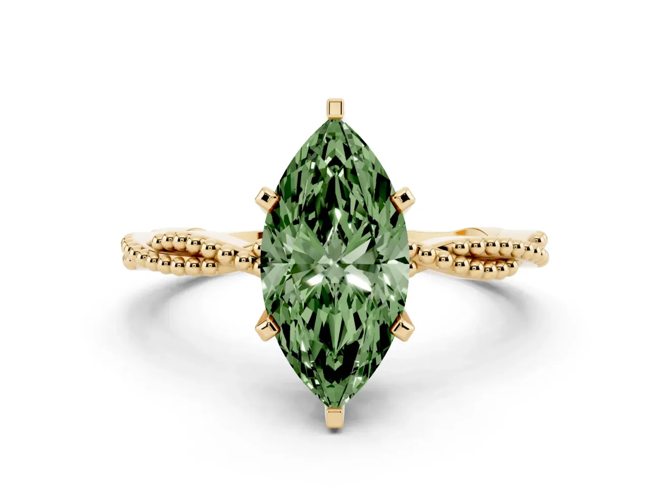 Fancy Green Marquise Cut Diamond Solitaire Ring Set in Yellow gold with Twisted Band and Bead Prong Setting